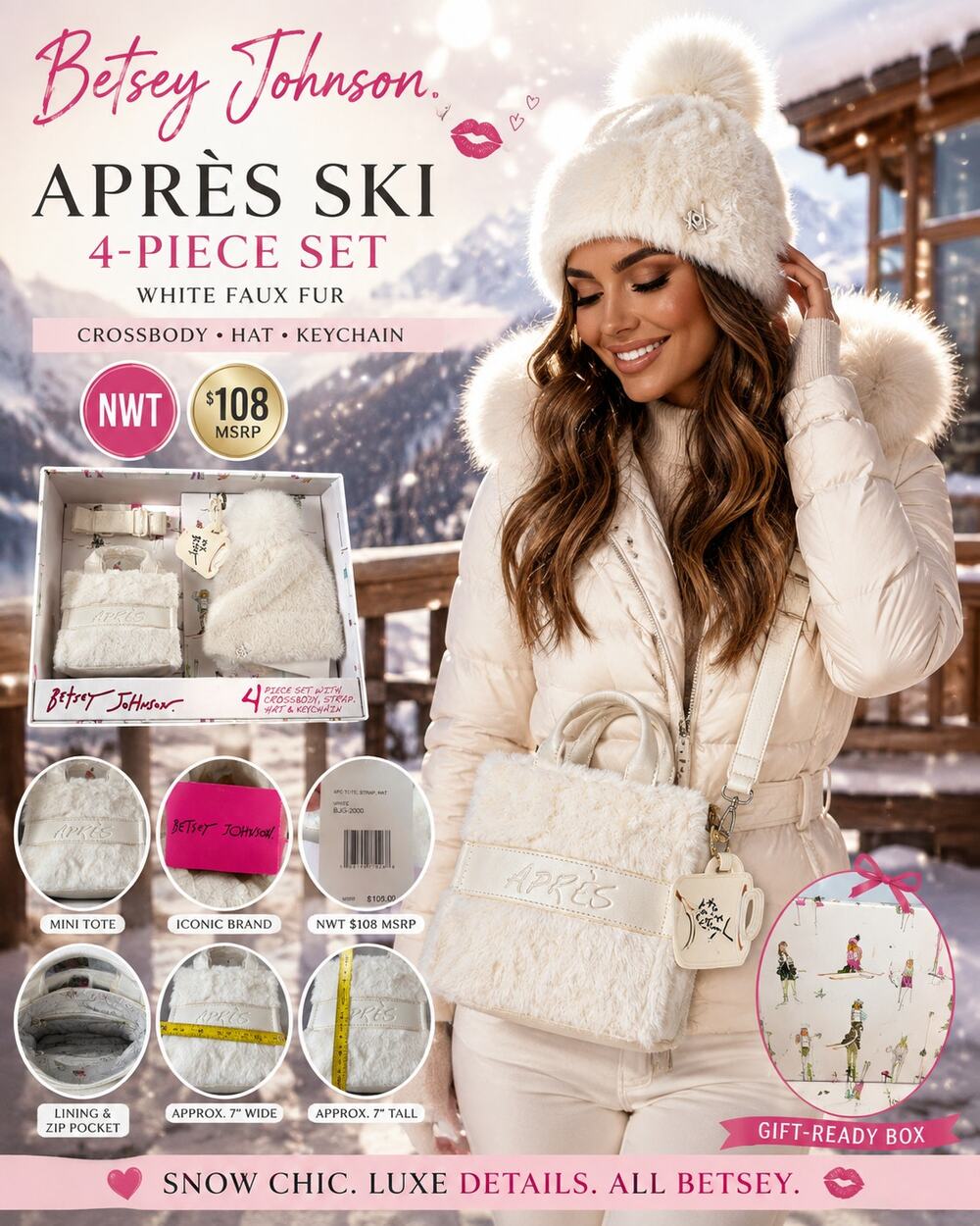 Betsey Johnson Apres Ski Faux Fur Tote Hat 4 Pc Gift Set NWT $108